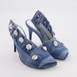 Women Buttons Denim Sandals Square Toe Stiletto High Heels Shoes Jeans Slippers on <b>Slides</b> Dress Mules - Product Image 3