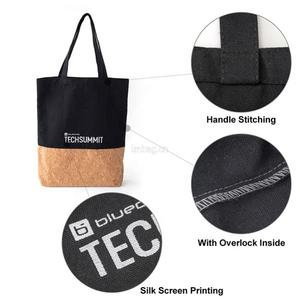 Bolso Tote de mujer de lona de algodón negro natural y corcho con estampado de letras - Product Image 4