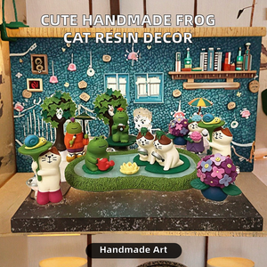 Estatua de Resina de Gato y Rana de Jardín de Verano, Estilo Anime Kawaii, Hecha a Mano y Pintada a Mano, Linda Decoración de Escritorio para Halloween, Decoración para Sala de Estar - Product Image 2