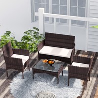 Fauteuils toutes saisons avec table basse en verre et coussins épais, ensemble de 4 pièces en rotin tressé pour patio extérieur et jardin