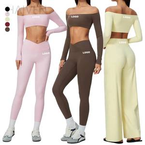 OEM Custom Logo Women's Solid Color Sports <b>Off</b> <b>Shoulder</b> <b>Long</b> <b>Sleeves</b> Workout Crop V Waist Yoga Leggings Wide Leg Pants Gym Sets - Product Image 1