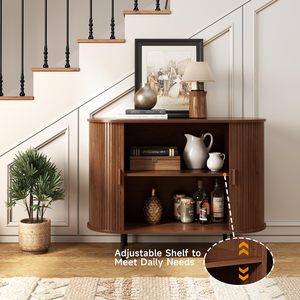Buffet demi-circulaire SENYU de style nordique du milieu du siècle, couleur noyer, avec grain vertical, double porte, meuble de rangement vintage pour entrée - Product Image 3