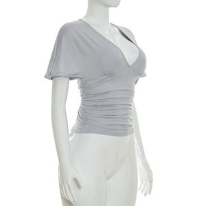 Viviblook C26TP096 T-shirt pour femme, nouvelle collection d'été, haut décontracté à manches chauve-souris et col en V profond, taille ajustée pour femme - Product Image 3