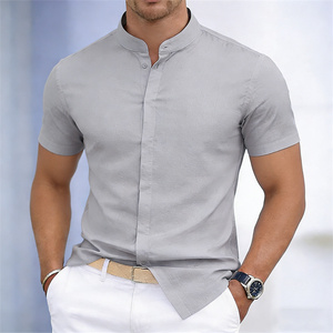 Camisa de <span class=keywords><strong>Manga</strong></span> <span class=keywords><strong>Corta</strong></span> con Cuello Mandarín para <span class=keywords><strong>Hombre</strong></span>, Color Sólido, Corte Entallado, Estilo Casual Elegante, Personalizable en Talla y Color con Impresión - Product Image 4