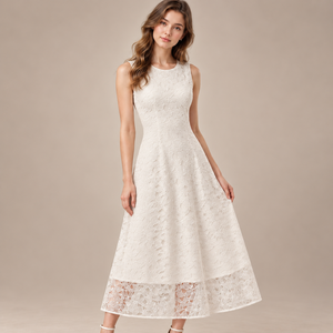 Vestido midi sin mangas de encaje floral para mujer, cuello redondo, corte en A, estilo acampanado, vestido de fiesta con dobladillo transparente - Product Image 1