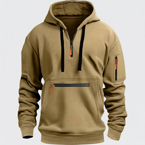 Sweat-shirt décontracté pour homme, couleur kaki, avec fermeture éclair sur le devant et fermeture éclair sur la manche, coupe classique, 100% coton molletonné respirant - Product Image 1