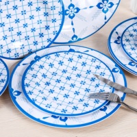 Service de table en mélamine décoratif bleu à motif floral, sans BPA, pour la maison, la cuisine, les cafés commerciaux, les événements et la mise en table