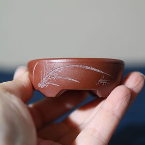 Maceta de Bonsái de Arcilla Morada en Miniatura, Forma Ovalada, Grabada, Tamaño de Palma, Clásica, Hecha a Mano - Product Image 1