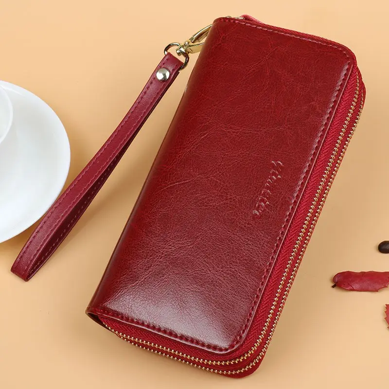 Dompet kulit asli wanita, dompet warna murni lilin minyak kulit sapi cartera de hombre, ritsleting ganda panjang, kapasitas besar