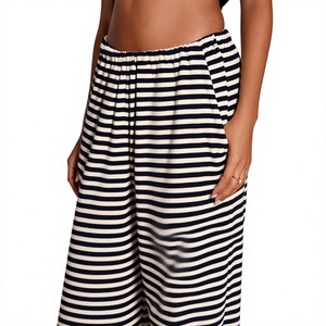 Custom Logo Women's Striped Printed Oversized Wide Leg Flare Pants & Cropped Short Sleeve T-Shirt Set Poly/Cotton 240 GSM Knit - Product Image 6