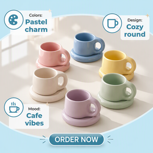 Set <span class=keywords><strong>di</strong></span> 6 Tazze e Piattini in Ceramica Pastello Chunky, Tazze da Caffè e Tè in Lavanda, Menta, Rosa, Blu, Giallo e Crema per Casa, Caffetteria, Regalo - Product Image 2