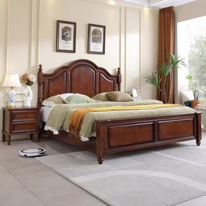 Cama de Madera Maciza Estilo Americano de 1.8m, Cama Doble con Almacenamiento, Muebles para Recámara Principal, Diseño Rústico de Madera de Caucho - Product Image 1