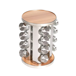 Estante de almacenamiento de cocina de madera de acero inoxidable giratorio de 360 grados organizador de condimentos con herramientas de especias de hierbas y contenedores de tarros de especias - Product Image 5