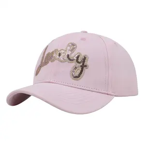 New Cap Pink Color 100% Cotton Fabric Curved Peak Baseball Cap And Hat with Sequin Embroidery