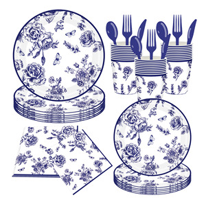 Kit de fournitures de fête jetables série florale : assiettes, gobelets, serviettes, couverts en papier pour fête - Product Image 1