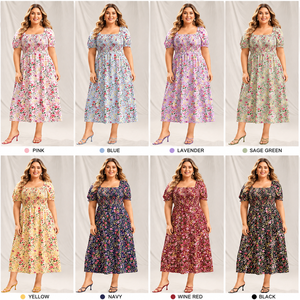 Robe midi en mousseline de soie à imprimé floral pour femmes grandes tailles, col carré, manches bouffantes, coupe évasée, longueur mi-longue, robe d'été décontractée - Product Image 2