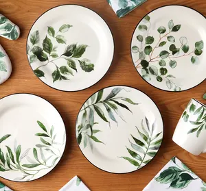 Vaisselle en céramique Dolomite avec motif de feuilles vertes, vaisselle en grès, assiette à vaisselle, ensemble de tasses pour le printemps, le minimalisme quotidien