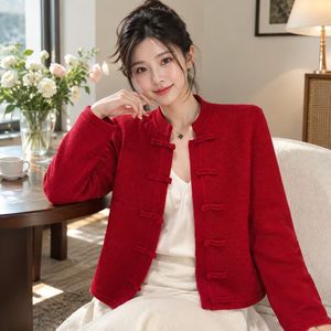 Women's <b>Red</b> Mandarin Collar Knitted <b>Cardigan</b> Full Sleeve Chinese Style Wool Winter Sweater Thick Hand Knitted Solid Color - Product Image 2