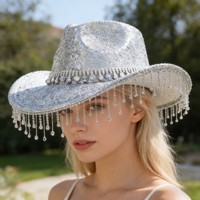 Chapeaux de cowboy en gros avec paillettes argentées, franges en strass de cristal pour enterrement de vie de jeune fille, douche nuptiale, fête de mariage pour femmes