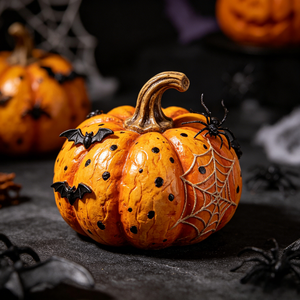 Scultura in Resina a Forma di Zucca con Iniziale 'M', Dipinta a Mano, Decorazione Autunnale Incantevole, Pezzo Unico per Tavolo, Decorazione Unica per Halloween e Ringraziamento - Product Image 1