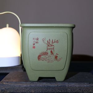 Exquisite Medium Green Clay Carved Square <b>Orchid</b> <b>Pot</b> With Bamboo Bird Design <b>For</b> Indoor Plants - Product Image 2