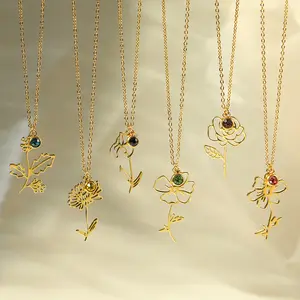 VKME-Colliers en acier inoxydable avec breloque en zircon pour anniversaire et pierre de naissance, collier en or 18 ct avec 12 mois de naissance, collier de fleurs