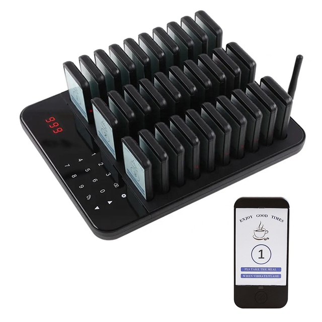 Cafe Queue Management Rechargeable 30 Buzzers Waterproof Vibrating Wireless Coaster Paging Beeper Restaurant Pager System