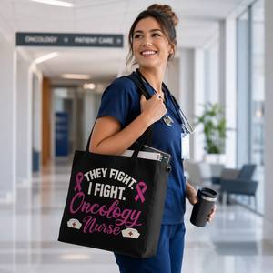Schwarze Tragetasche zur Brustkrebs-Bewusstseinsaktion für Onkologie-Krankenschwestern: „Sie kämpfen, ich kämpfe“ – Wiederverwendbare Einkaufstasche mit rosa Schleife - Product Image 2