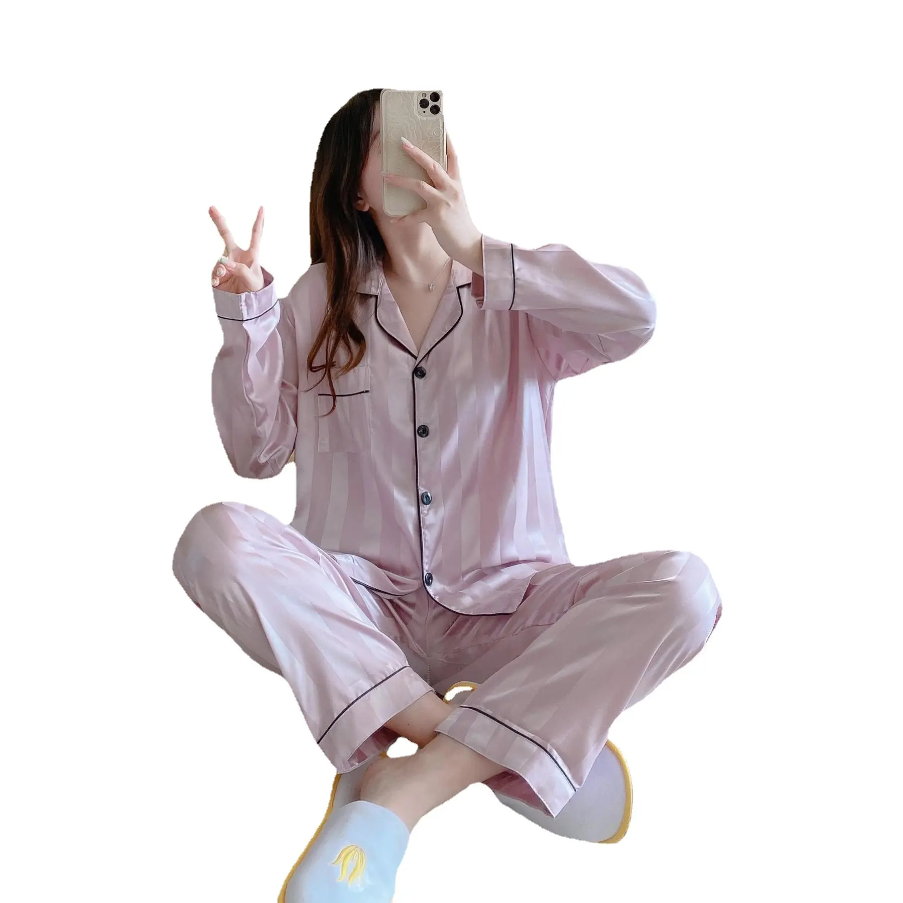 Pajamas Women's Jacquard Artificial Silk Spring and Autumn Long Sleeve Ice Silk Korean Style Ins Women's Home Wear Thailand