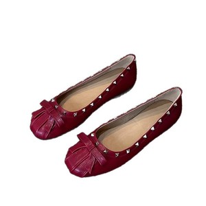 Square Toe Ballet Flats Solid Color <b>Bow</b> Decoration Slip-On Genuine Leather Flat <b>Shoes</b> Women All Seasons - Product Image 5