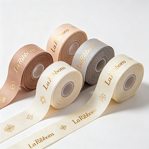 Elegant Neutral Series Gold Logo Print Polyester Grosgrain <b>Ribbon</b> Bulk Rolls For Luxury Present Box Floral Arrangement - Product Image 3