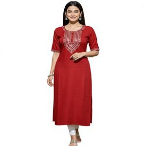 Kurti de luxe en coton slub fantaisie avec broderie et travail de sequins de 3 mm, vêtement ethnique rouge à séchage rapide, idéal pour les fêtes, prix de gros - Product Image 1