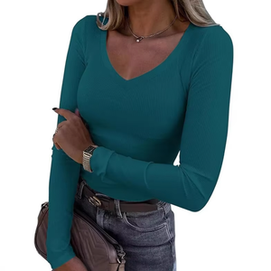 Nouveau <span class=keywords><strong>T</strong></span>-<span class=keywords><strong>shirt</strong></span> sexy pour <span class=keywords><strong>femme</strong></span>, style décontracté européen/américain, en maille côtelée douce, coupe ajustée, couleur unie, <span class=keywords><strong>manches</strong></span> <span class=keywords><strong>longues</strong></span>, collection printemps, transfrontalier - Product Image 1