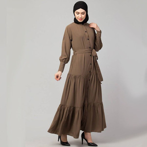 Dubai Giản Dị Cổ Tròn Dài Tay Áo Maxi Dress Kaki Phía Trước Mở Thu Thập diềm Xếp Nếp Vành Đai Hồi Giáo Phụ Nữ Abaya Ăn Mặc - Product Image 2