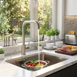 Modern Single Handle Kitchen Faucet Brushed Nickel Deck <b>Mounted</b> Pull Down <b>Spray</b> Contemporary Design 6-7.9in 304 Stainless Steel - Product Image 1