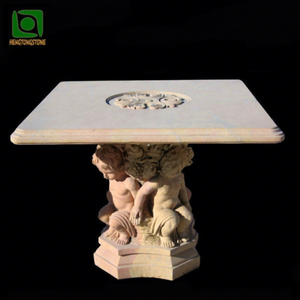 Tavolo Quadrato in Marmo Rosa Antico con Statua d'Angelo Intagliata per <span class=keywords><strong>Giardino</strong></span> - Product Image 1