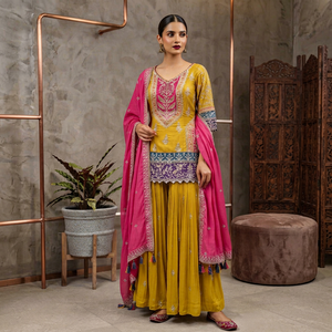 Traje Sharara de Seda Bordado en Amarillo Mostaza con Dupatta Rosa, Diseño Elegante hasta el Suelo para Bodas/Fiestas, Todas las Temporadas - Product Image 1