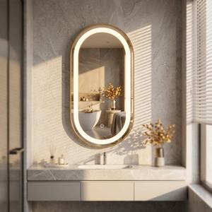 Espejo de Baño LED con Forma de Pista de Carreras, Montado en la Pared, Sin Contacto, con Bluetooth, Antivaho, Diseño Personalizado Gratuito y Marco Dorado - Product Image 1