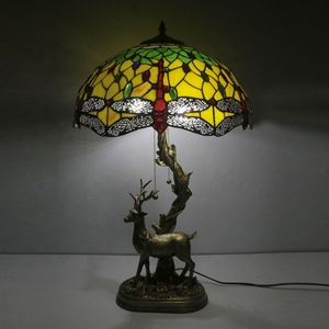 LongHuiJing Handcrafted Modern 16-Inch for Yellow Dragonfly Adjustable Accent Lamp Dome Stained Glass Shade LED AC Bedroom - Product Image 1