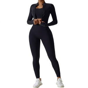 Black 3-Piece Yoga Set High Waist Leggings Full Sleeve <b>Jacket</b> Crop Top Breathable Seamless Spandex/Nylon Gym Fitness <b>Workout</b> - Product Image 1