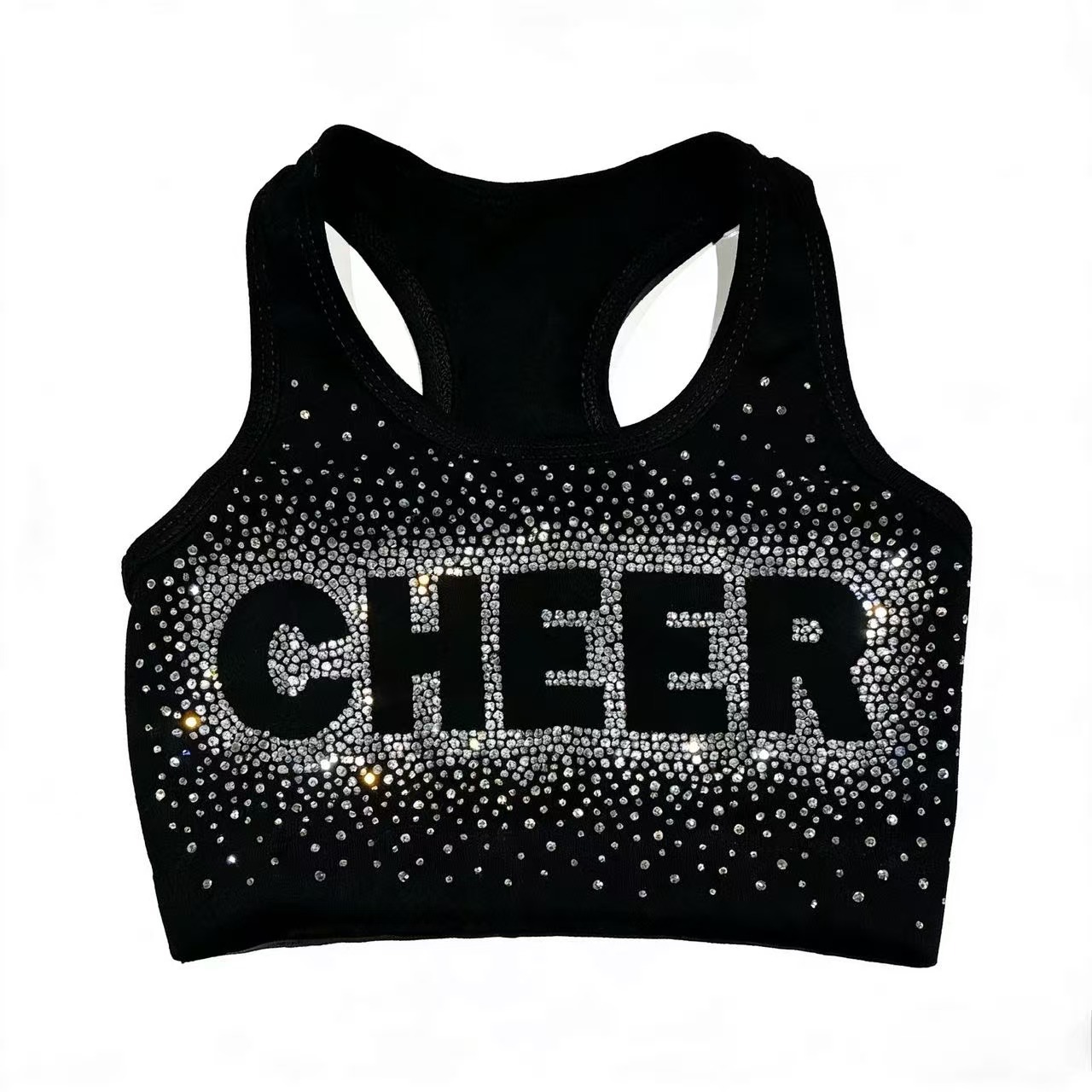 ODM/OEM Full Sublimation Rhinestone Cheerleading Training Practice Wear Sets Star Black Pink Crop Top Shorts Girls Youth