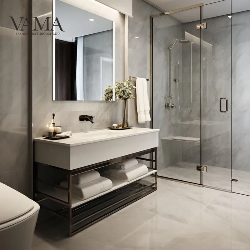 Vama - Bancada de pedra artificial para banheiros, suporte de metal para banheiros, banheiro popular com espelho LED AN07-1
