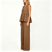 Ensemble tailleur-pantalon élégant pour femme – Haut sans manches à col en V et peplum, pantalon droit taille haute – Tenue décontractée d'été 2 pièces pour le bureau