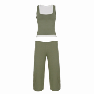 Women Two Piece <b>Set</b> Color-Blocked <b>Square</b> Neck Sleeveless Tank Top High Waist Capri Pants Stretch Slim Fit Casual Outfit - Product Image 6