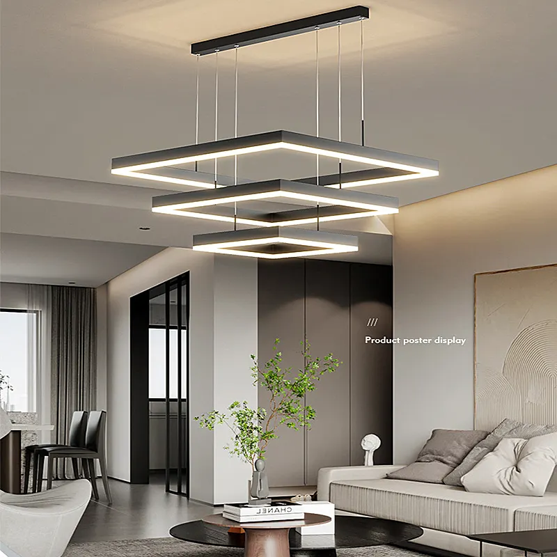 Modern Contemporary Acrylic Black Rc New Design Square Golden Black Living room LED chandelier