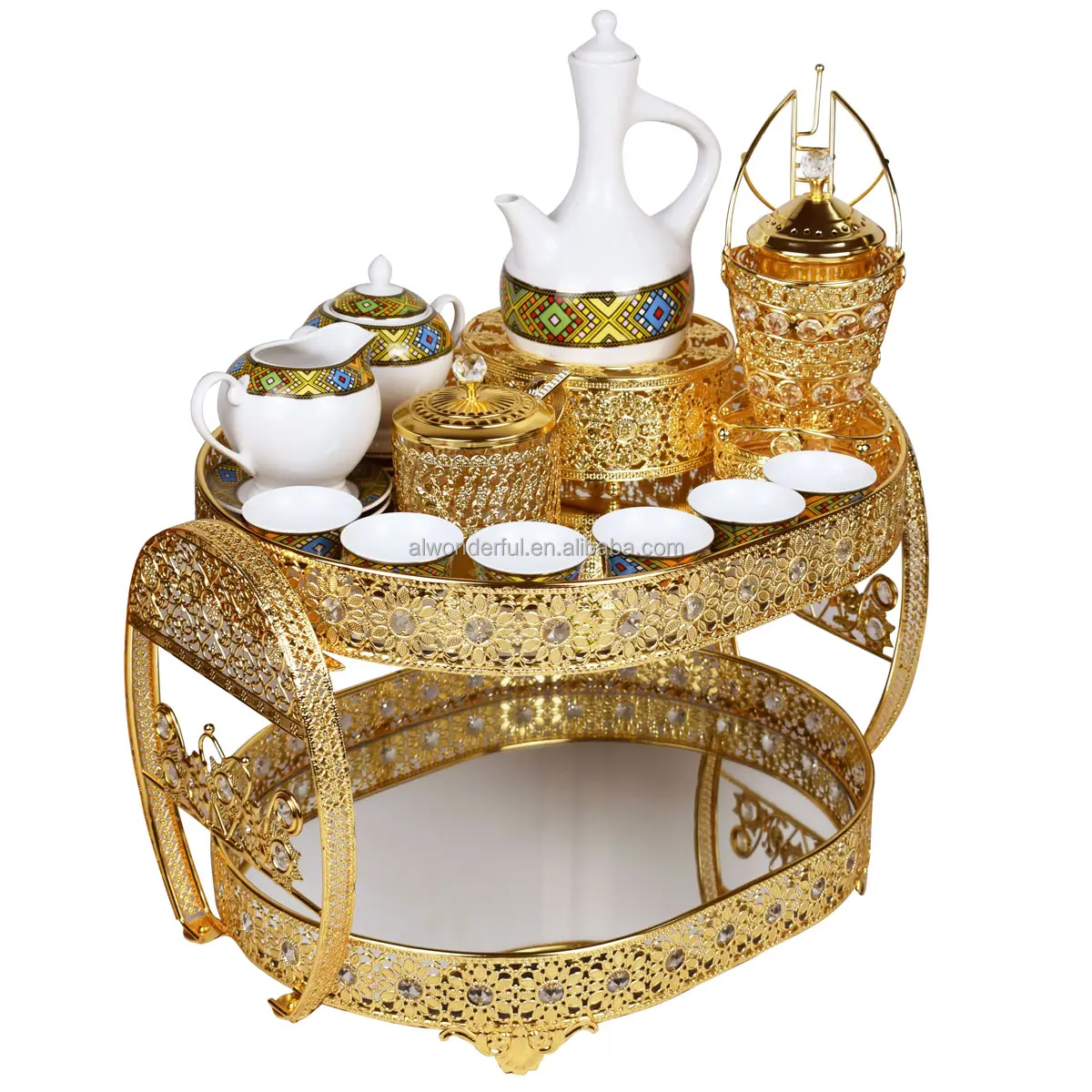 2024 hot sale arabic tray sets with fancy porcelain tea cup and saucer