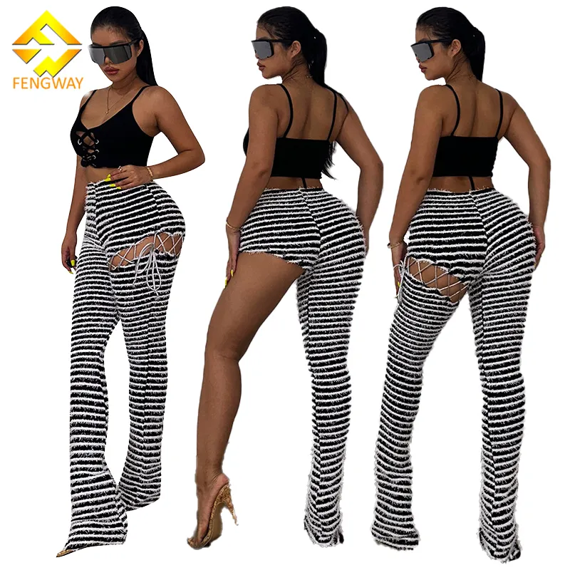 2023 Spring Women Fashion Clothing High Waist Striped Flare Leggings Detachable Pant Hollow Out Women Flared Sweatpants