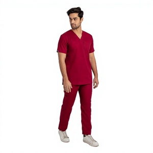 Conjunto de uniforme médico para hombre con cuello en V, rojo, de algodón y poliéster, pantalón de pana con detección de agujas, fusión sin costuras, marca personalizada - Product Image 1