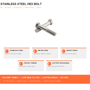 Vis <span class=keywords><strong>à</strong></span> tête hexagonale M8 en acier inoxydable 304, filetage partiel DIN931, finition brillante, pour machines lourdes, vente en gros - Product Image 3