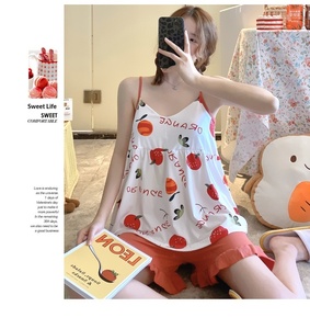 Pajamas Women's Summer Sling Shorts Chest Pad Cute Peach Milk Silk Polyester Cool Loose Lovely Foreign Trade Cross-border Suit - Product Image 3